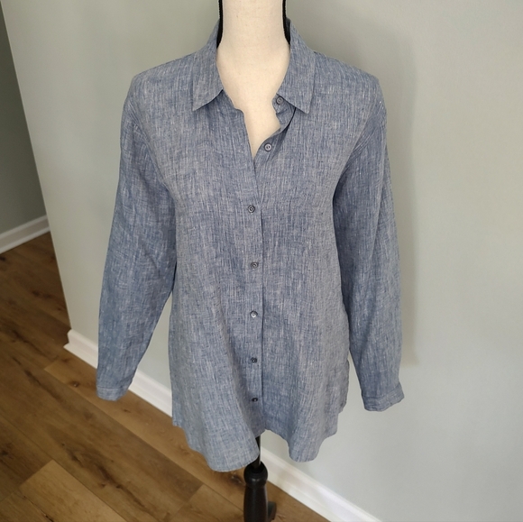 Eileen Fisher Yarn-Dyed Handkerchief Organic Linen Button Up Chambray Shirt PM - Picture 8 of 11